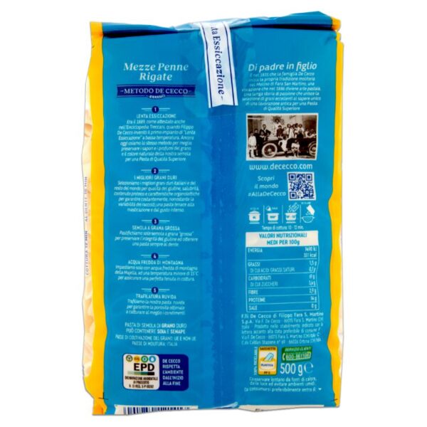 PASTA DE CECCO 500G MEZZE PENNE RIGATE - immagine 3