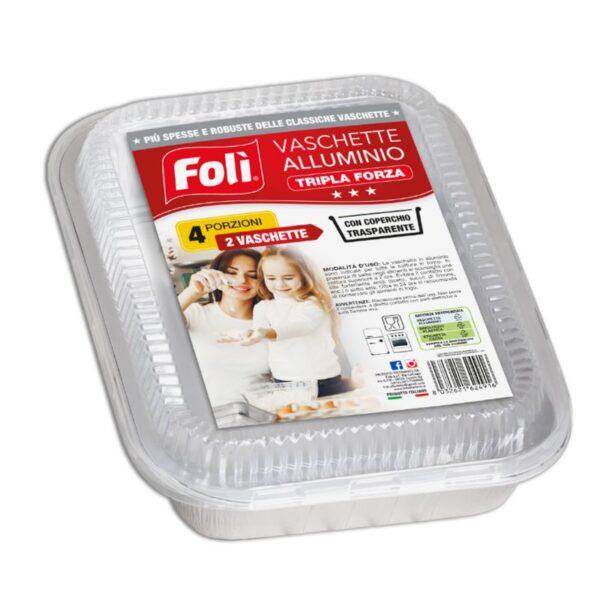 VASCHETTE ALLUMINIO FOLÌ 4 PORZIONI 2PZ CON COPERCHIO TRASPARENTE